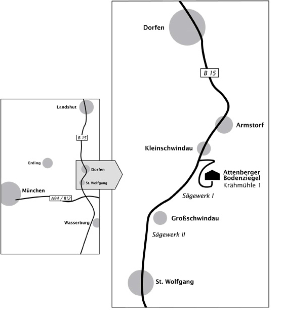 Anfahrtsplan zur Manufaktur Attenberger Bodenziegel, Krähmühle 1, St. Wolfgang